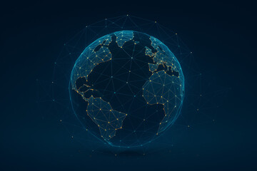 Obraz premium Global Network Connectivity: A futuristic depiction of the Earth, intricately enmeshed with a complex network of glowing lines and nodes.