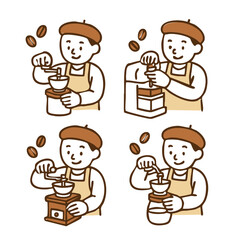 a barista grinding coffee beans using a manual or electric grinder. Include beans, grinder, and a container below