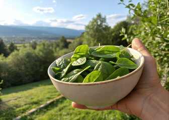 Fresh Spinach Bowl in Mountain View: A hand holds a bowl brimming with vibrant, fresh spinach leaves against a backdrop of a picturesque mountain view and lush greenery.