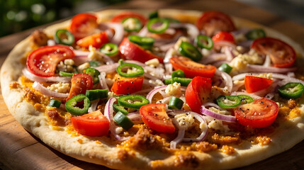 Vegetable Pizza with tomato, onion, chili powder, garlic, and black pepper on wooden cutting board. AI-generated