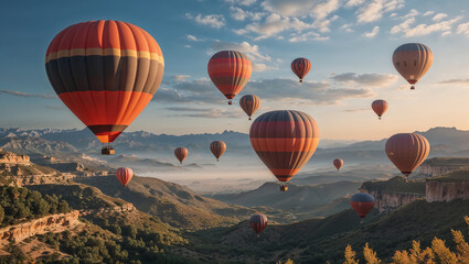 Obraz premium Hot air balloons flying over mountainous landscape at sunrise