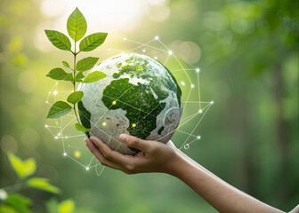Guardians of the Green Planet: A symbolic image representing environmental stewardship. A hand gently cradles a vibrant globe, from which new plant life flourishes.