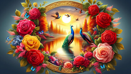 Picture of peacocks with the beauty of nature  in a gold frame. Multicolor artistic pattern artwork for creative graphic design. peacock.(02)