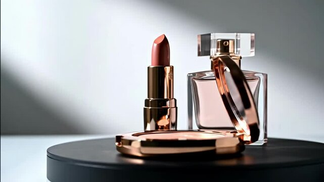 Cosmetic product shot lipstick perfume and compact displayed on a black surface