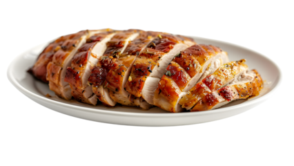 Grilled herb-crusted chicken breast slices, juicy and aromatic protein, ideal for healthy dinner, savory meal on white plate on a transparent background