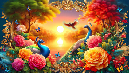 Picture of peacocks with the beauty of nature  in a gold frame. Multicolor artistic pattern artwork for creative graphic design. peacock.(03)