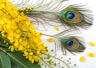 Golden Shower Flowers with Peacock Feathers: A captivating close-up showcases the delicate beauty of Golden Shower flowers alongside two vibrant peacock feathers, creating a stunning visual contrast.