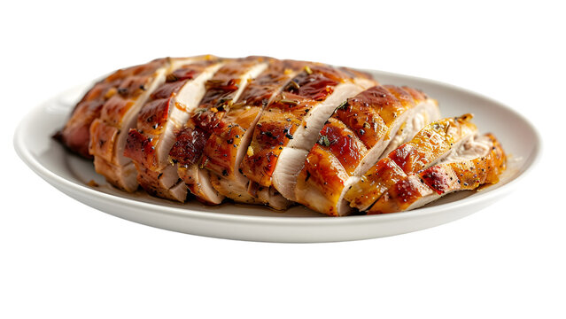 Grilled herb-crusted chicken breast slices, juicy and aromatic protein, ideal for healthy dinner, savory meal on white plate on a transparent background