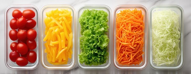 Five glass containers filled with fresh vegetables: cherry tomatoes, sliced yellow bell peppers, leafy lettuce, shredded carrots, and shredded cabbage.