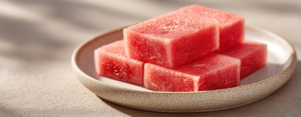 A plate with neatly stacked, rectangular slices of fresh watermelon placed on a beige surface.