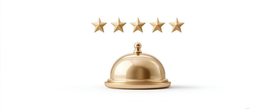 A golden hotel service bell with five gold stars above it, symbolizing luxury and top-rated hospitality service.