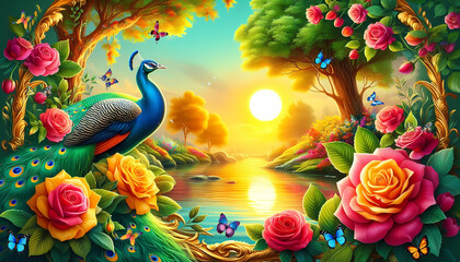 Picture of peacocks with the beauty of nature  in a gold frame. Multicolor artistic pattern artwork for creative graphic design. peacock.(07)
