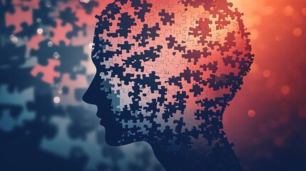 Obraz premium Silhouette of a head composed of puzzle pieces.
