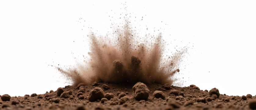 Explosive dust cloud rising from ground, creating dramatic scene with particles and debris