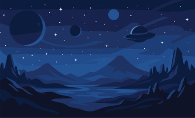 Fototapeta premium Space Landscape With Planets Meteors And A UFO