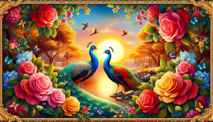 Picture of peacocks with the beauty of nature  in a gold frame. Multicolor artistic pattern artwork for creative graphic design. peacock.(09)