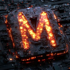 Letter M Glowing on Circuitry Board Close-up Graphic Design