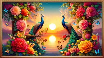 Picture of peacocks with the beauty of nature  in a gold frame. Multicolor artistic pattern artwork for creative graphic design. peacock.(11)