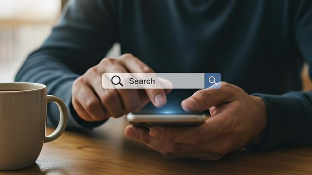Hands Using Smartphone To Search The Web At A Wooden Table With A Cup In A Blurred Background