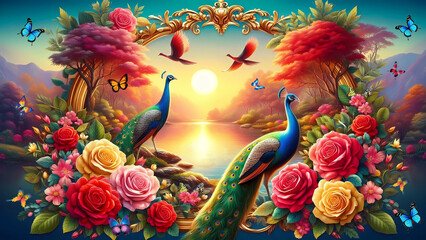 Picture of peacocks with the beauty of nature  in a gold frame. Multicolor artistic pattern artwork for creative graphic design. peacock.(13)