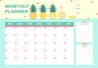 This cheerful monthly planner features a tropical pineapple theme with pastel colors, roomy date boxes, to-do list, and a notes section—perfect for organizing schedules with a cheerful, summery vibe.