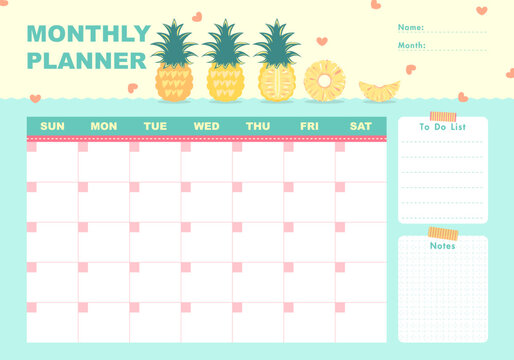 This cheerful monthly planner features a tropical pineapple theme with pastel colors, roomy date boxes, to-do list, and a notes section—perfect for organizing schedules with a cheerful, summery vibe.