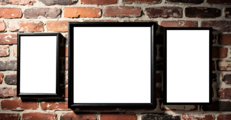 three blank picture frames on brick wall. AI-generated