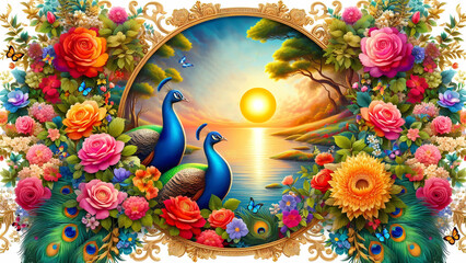 Picture of peacocks with the beauty of nature  in a gold frame. Multicolor artistic pattern artwork for creative graphic design. peacock.(15)