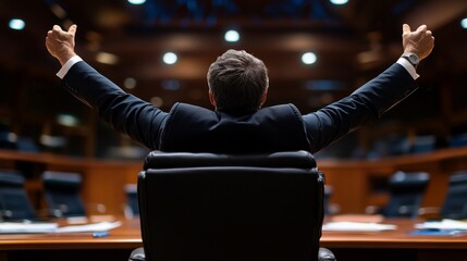 A man in a suit is sitting in a chair with his arms raised in the air