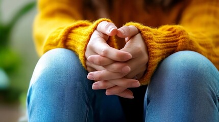 A woman is sitting on the floor with her hands clasped together