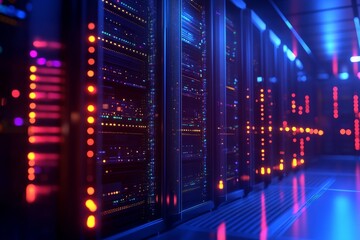 Naklejka premium Futuristic data center with illuminated server racks and colorful lights creating a high-tech atmosphere.