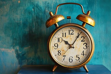Vintage Golden Twin Bell Alarm Clock on Blue Background Time Concept Still Life