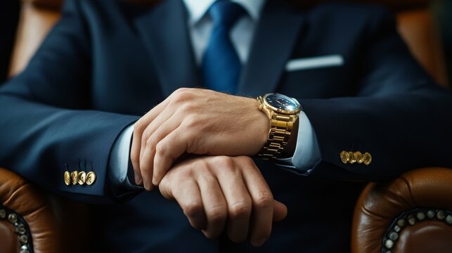 A man in a suit and tie is wearing a gold watch and is sitting in a chair - Powered by Adobe