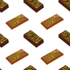 Dubai chocolate bar with pistachio nuts topping seamless pattern. Vector cartoon hand drawn illustration of sweet trendy dessert for packaging, textile, wrapping, menu background isolated on white