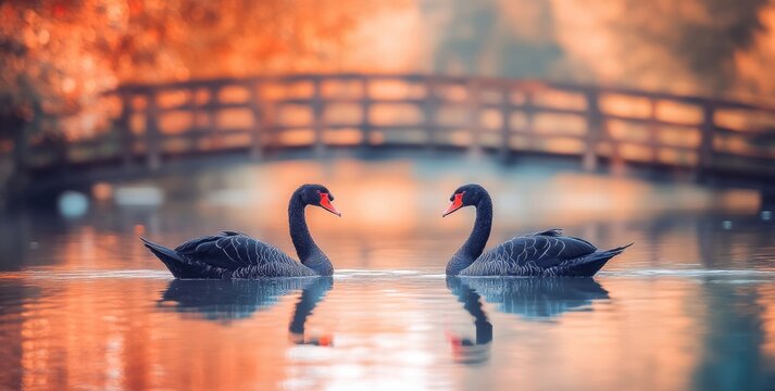 Two black swans facing each other on calm water, reflected, with a wooden bridge in the background and autumnal colors.