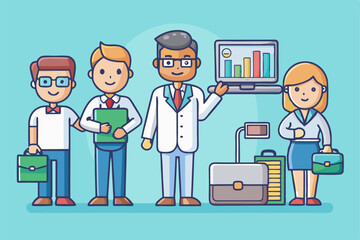 Funny cartoon set of diverse business people and job icons vector illustration