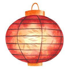  Watercolor illustration of a traditional red Chinese lantern glowing warmly. Perfect for celebrating Lunar New Year, Mid-Autumn Festival, or adding a festive Asian touch to any design.