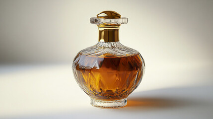 Elegant glass bottle with golden cap, showcasing rich amber liquid inside