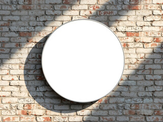 Circular white signage with shadow mounted on textured brick wall. Great for branding or product mockups. Generative AI