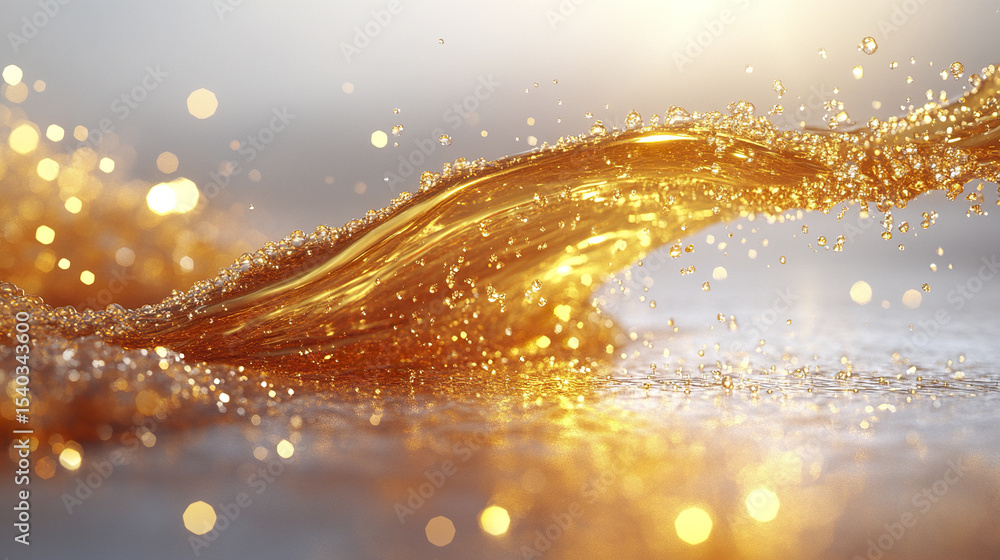 Poster golden stream of liquid cascades with sparkling droplets, creating mesmerizing effect