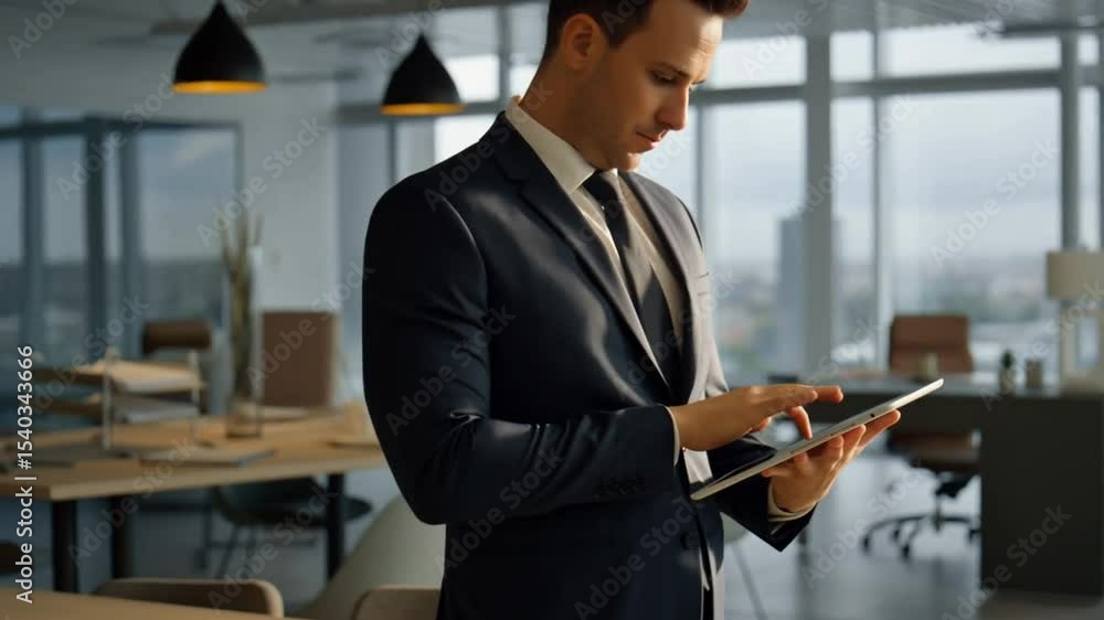 Poster businessman in suit using tablet in modern office with large windows and desk in the background view