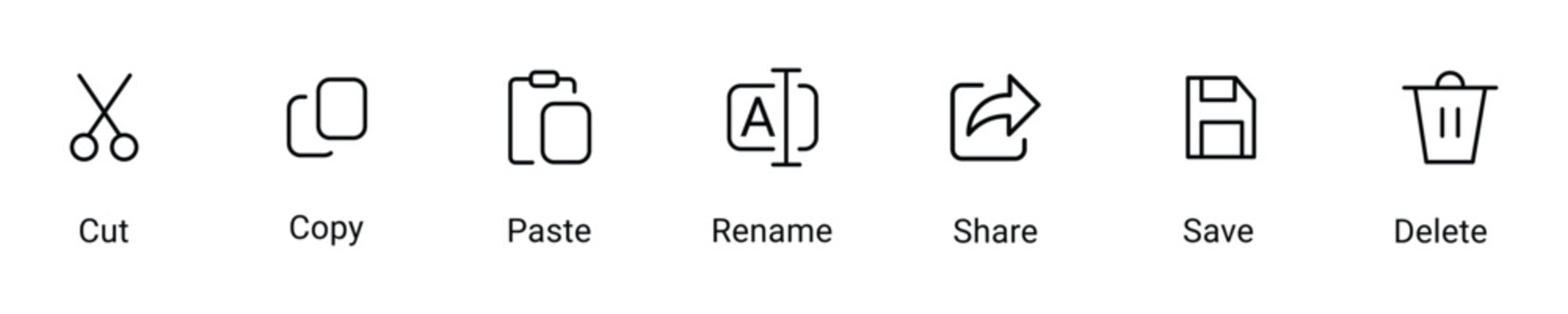 Set of Cut, copy, paste, rename, share, save and delete icon symbol in line style, vector illustration .