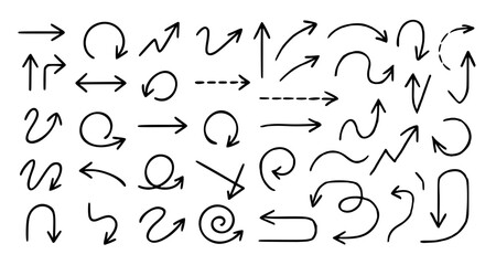 Vector illustration of a diverse collection of black arrows on a white background, showcasing various styles and directions, including curved, straight, zigzag, looped, spiral, and segmented arrows