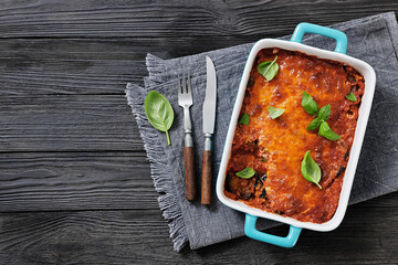 Eggplant Parmigiana in a baking dish, top view