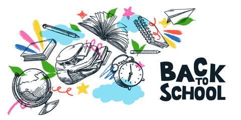 Back to school banner poster design. Vector illustration. Flying backpack, books, globe, pens, clock, clouds, leaves