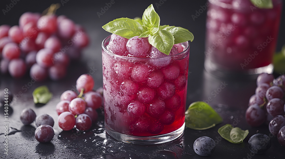 Poster refreshing ruby red drink garnished with basil and surrounded by fresh grapes