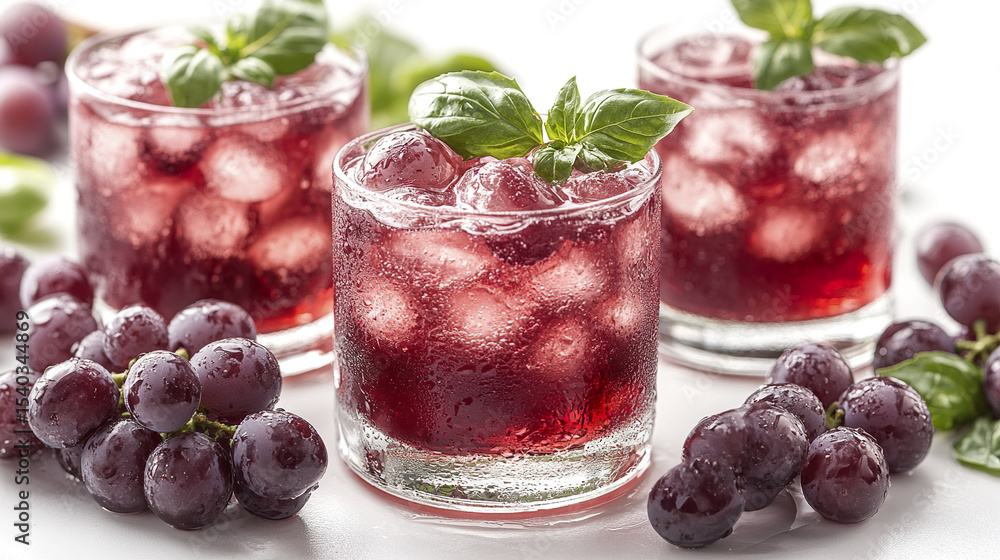 Poster refreshing grape drinks with ice and basil garnish