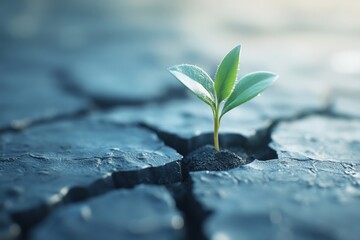 A single green sprout emerges from cracked, dry soil, symbolizing resilience and hope in a barren environment.