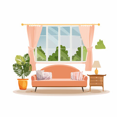 Elegant Interior Design Peach Sofa, Lush Greenery, and Sunlit Window