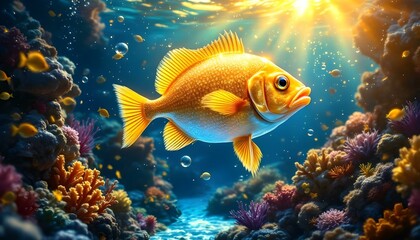 Fototapeta premium Golden fish with shimmering scales and glowing fins swimming through a digital golden underwater scene with radiant light effects .
